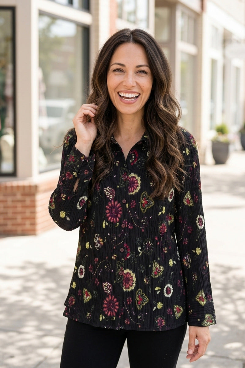 Crinkle Cotton Floral Shaped Shirt - 48023