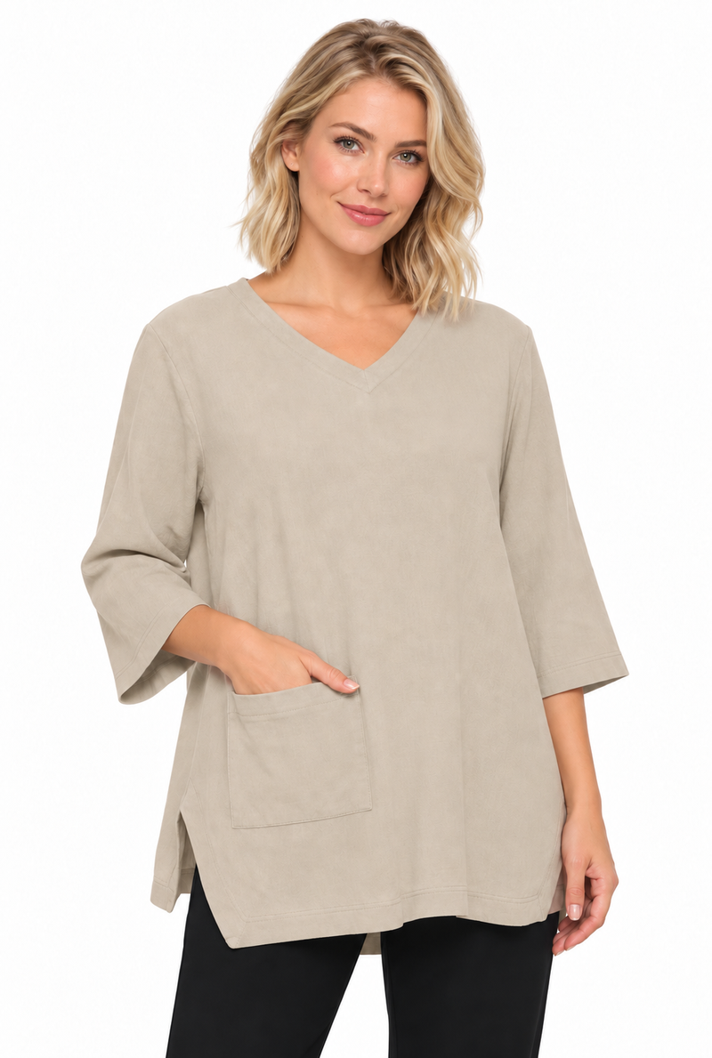 Cotton Slub V-Neck Tunic Top in Soy Latte - SC202-SOY