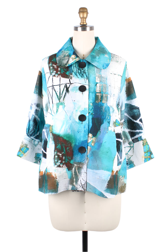 Absract-Print Button Front Jacket in Turq/Multi- 4877
