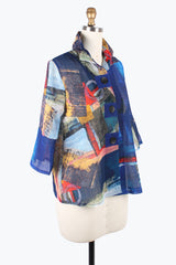 Abstract Art Print Button Patch Jacket in Blue - 4879