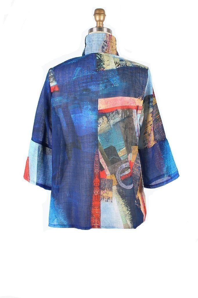 Damee Abstract Art Print Button Patch Jacket in Blue - 4879