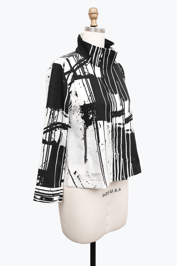 Brushstroke-Print Biker Jacket in Black & White - 4885