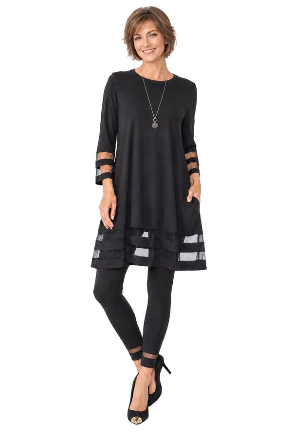 Soft Stretch Knit Tunic with Mesh Stripes  - 2517T- BLK