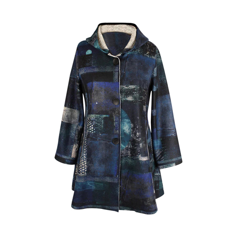 Damee Abstract Design Hooded Flannel Coat in Blue/Multi - 4904-BLU