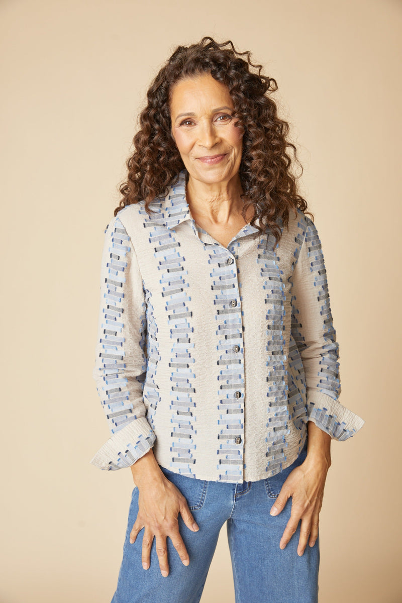 Embroidered Cotton Striped Shaped Hem Shirt - 49224