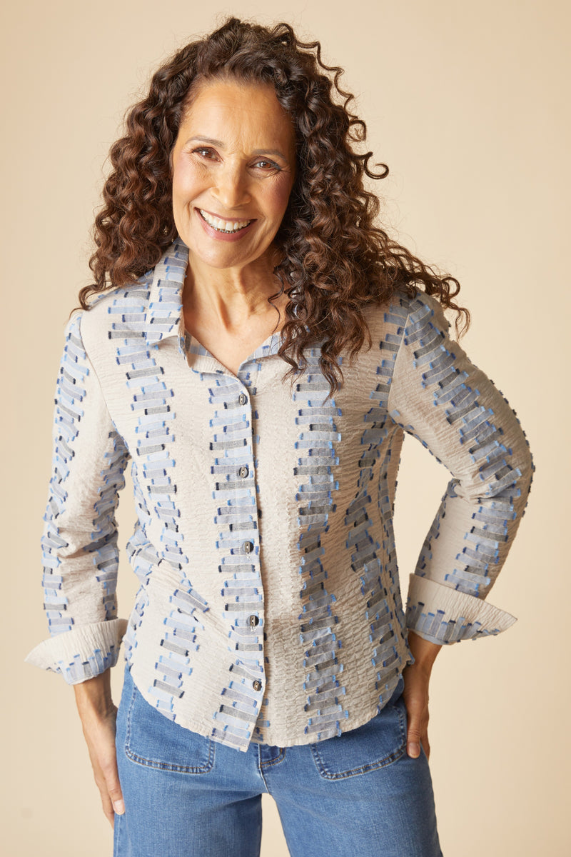 Embroidered Cotton Striped Shaped Hem Shirt - 49224