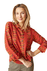 Embroidered Cotton Striped Shaped Hem Shirt - 49224