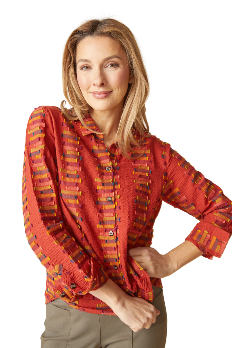 Embroidered Cotton Striped Shaped Hem Shirt - 49224