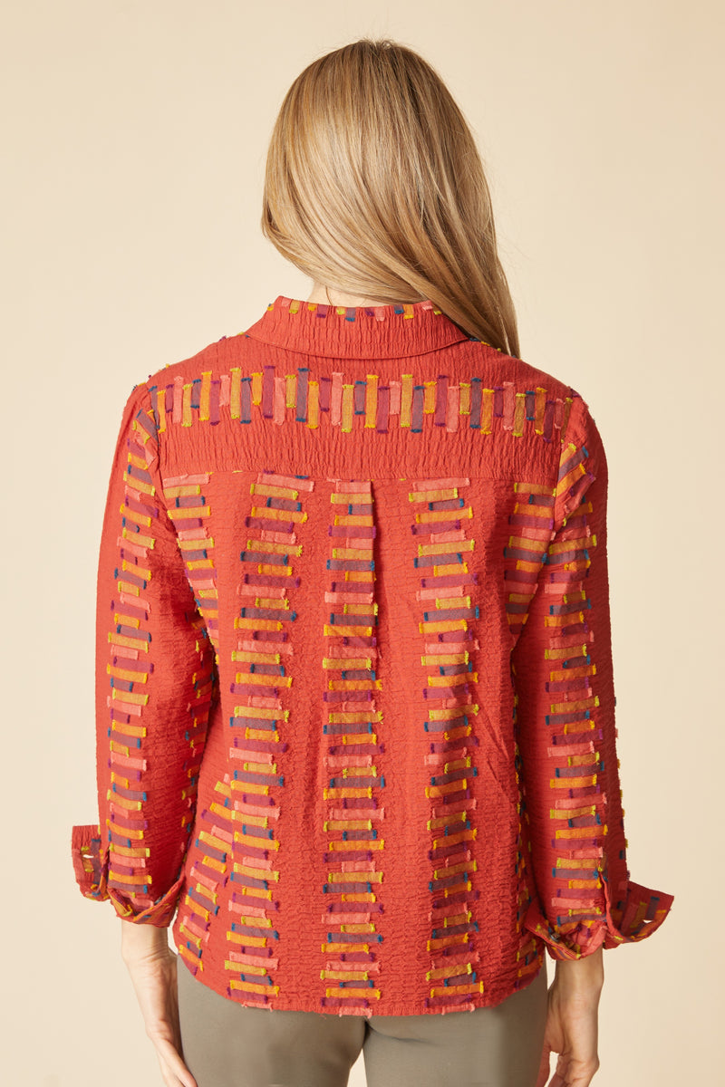 Embroidered Cotton Striped Shaped Hem Shirt - 49224