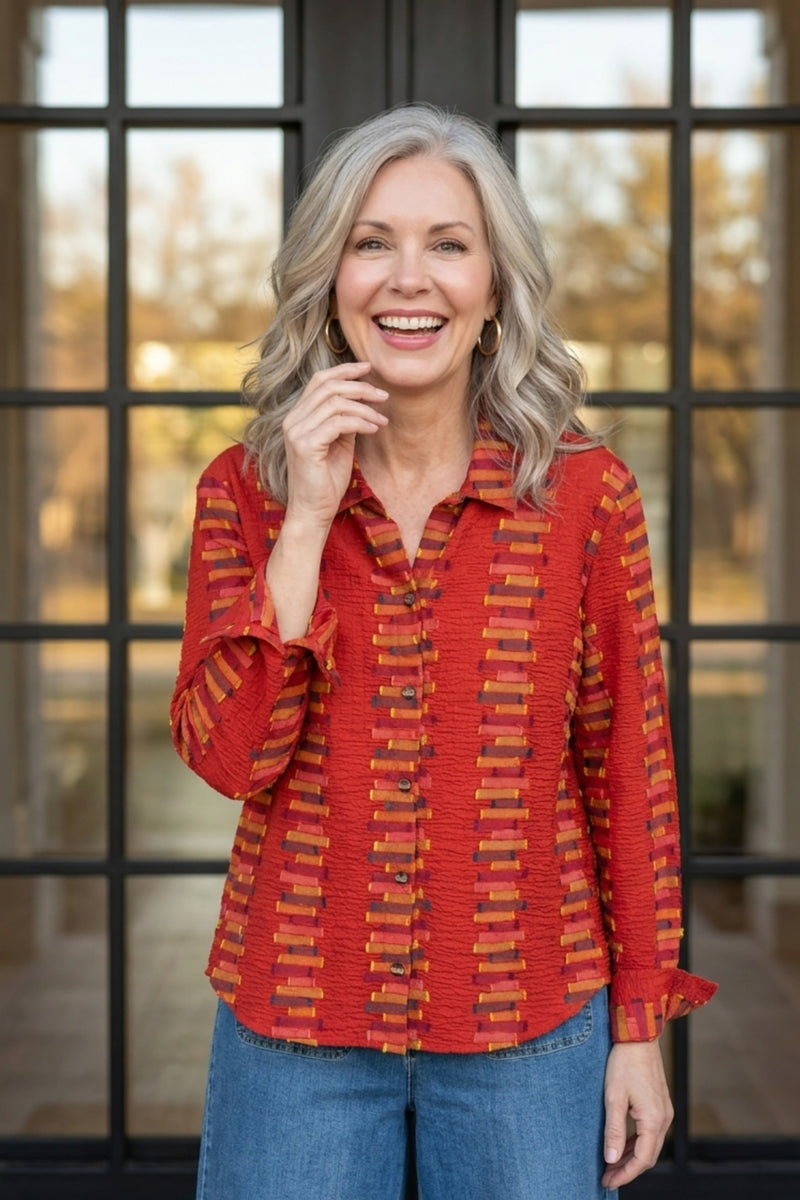 Embroidered Cotton Striped Shaped Hem Shirt - 49224