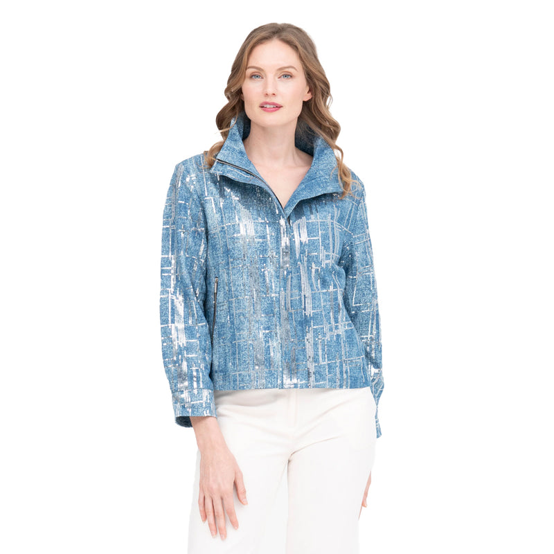 Damee Sequined Denim Biker Jacket in Blue - 4928-DNM