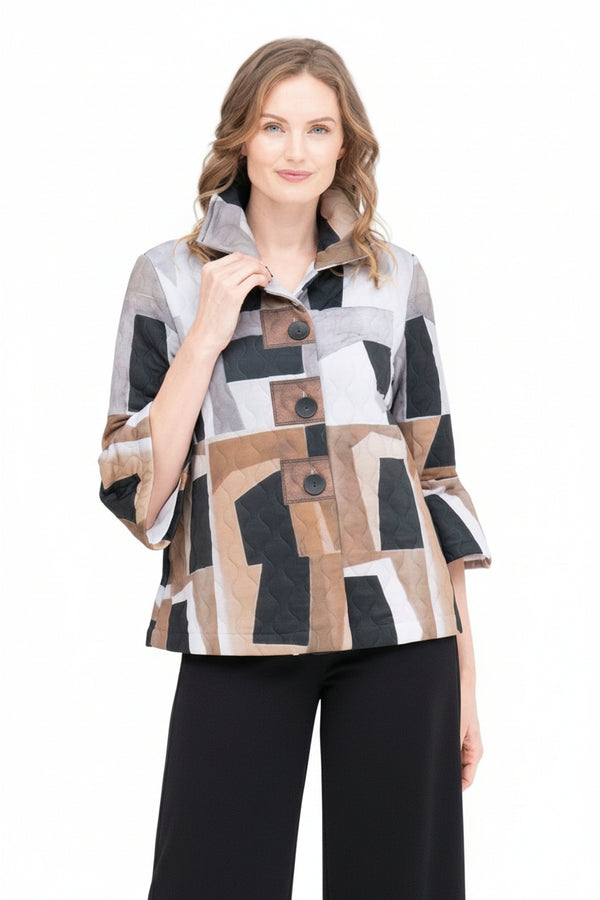 Geometric Colorblock Quilted Jacket - 4940-BRN - Size M Only!