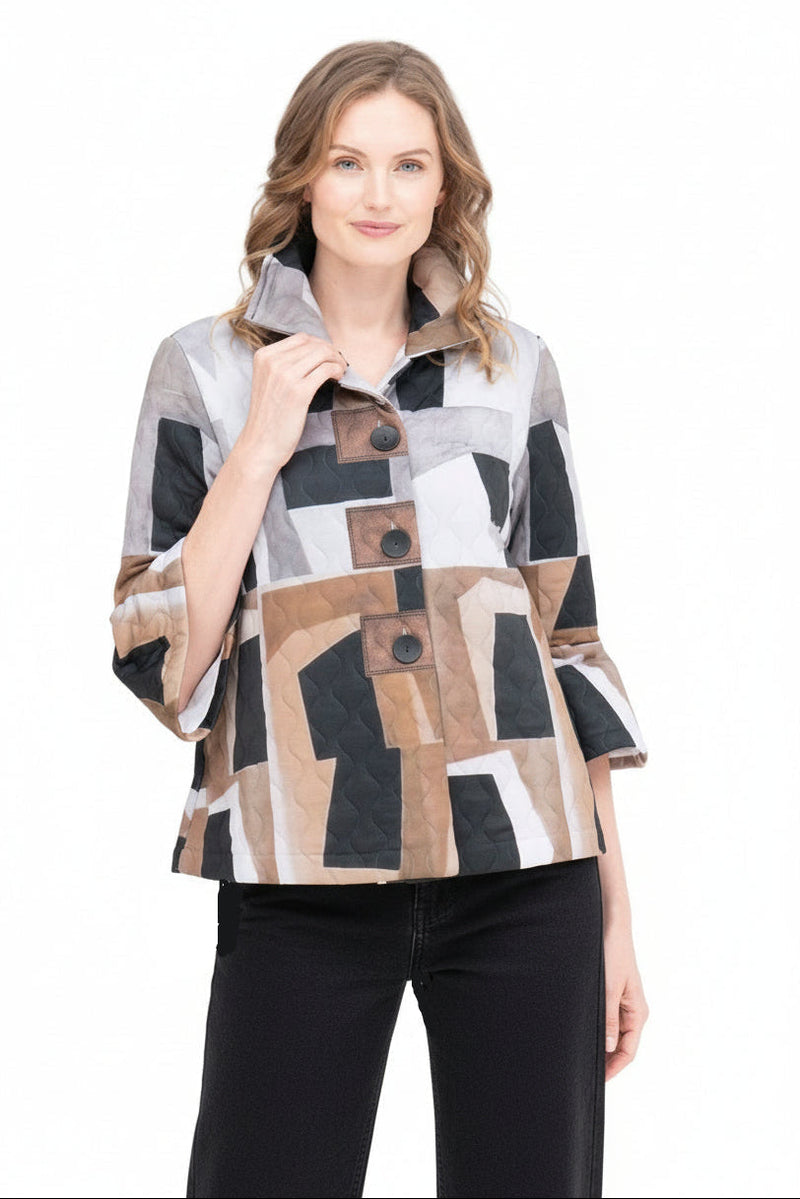 Geometric Colorblock Quilted Jacket - 4940-BRN - Size M Only!