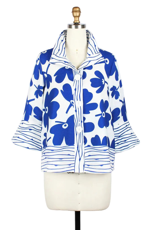 Floral Pop Art Print Jacket in Blue & White - 4961-ROY