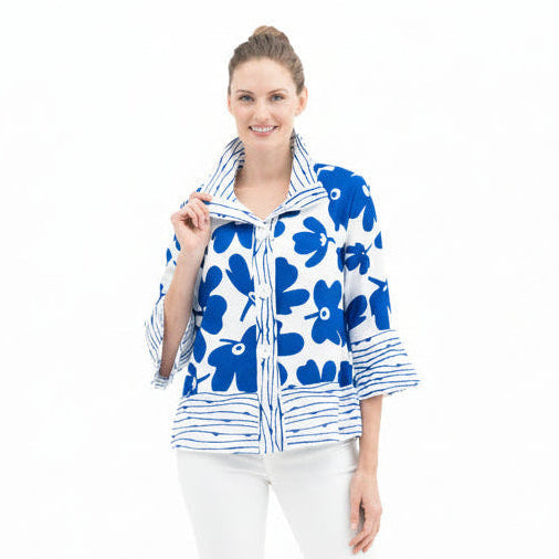 Pop Art Floral Jacket in Blue & White - 4961-ROY