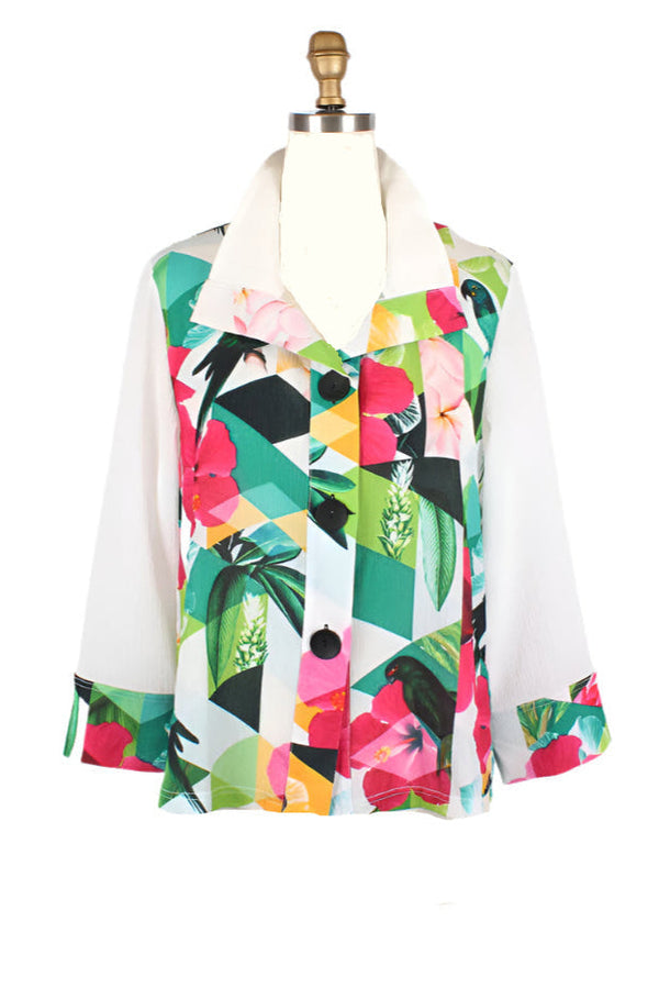 Tropical Print Lightweight Crinkle Jacket in Multi on White - 4966