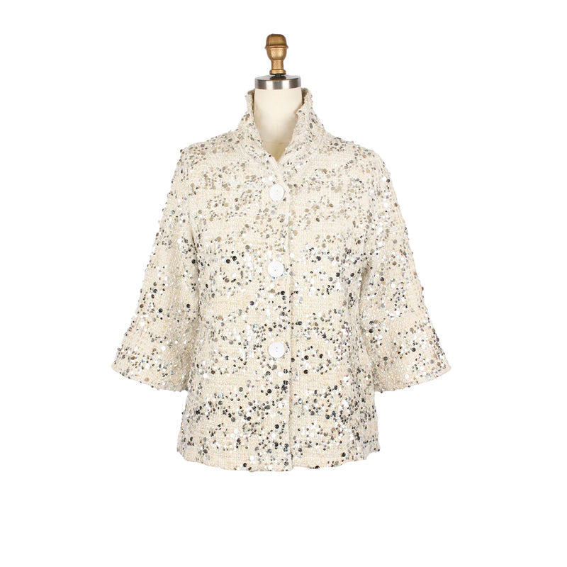 Ivory Tweed Sequin Jacket with Pockets and Adjustable Collar - 4979