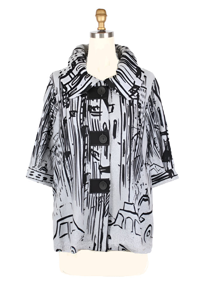 Playful Cityscape Motif Sweater Knit Jacket - 4993