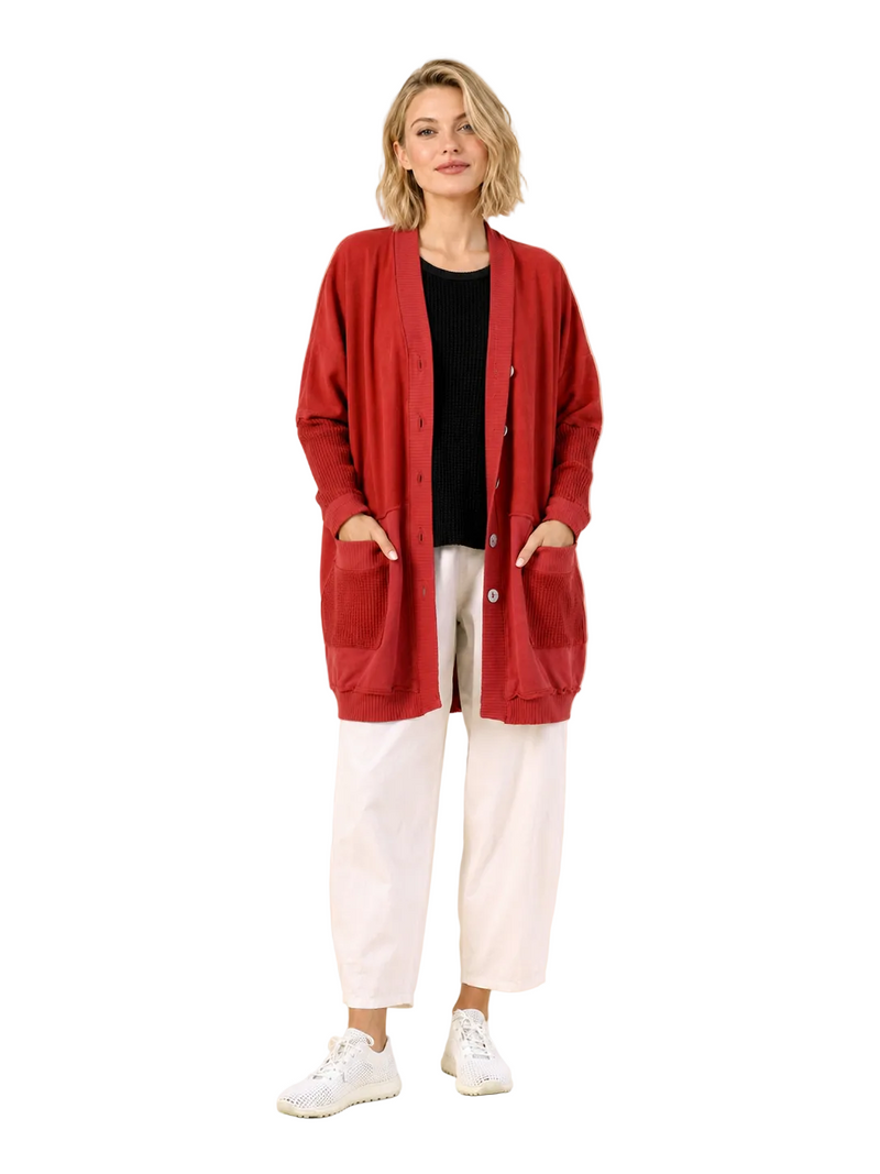 Fleece & Waffle Knit Long Cardigan in Rose - C47041
