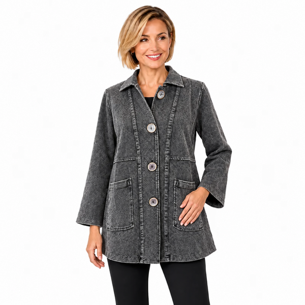 Leopard Denim Knit Coat in Charcoal/Black - D228-BLK