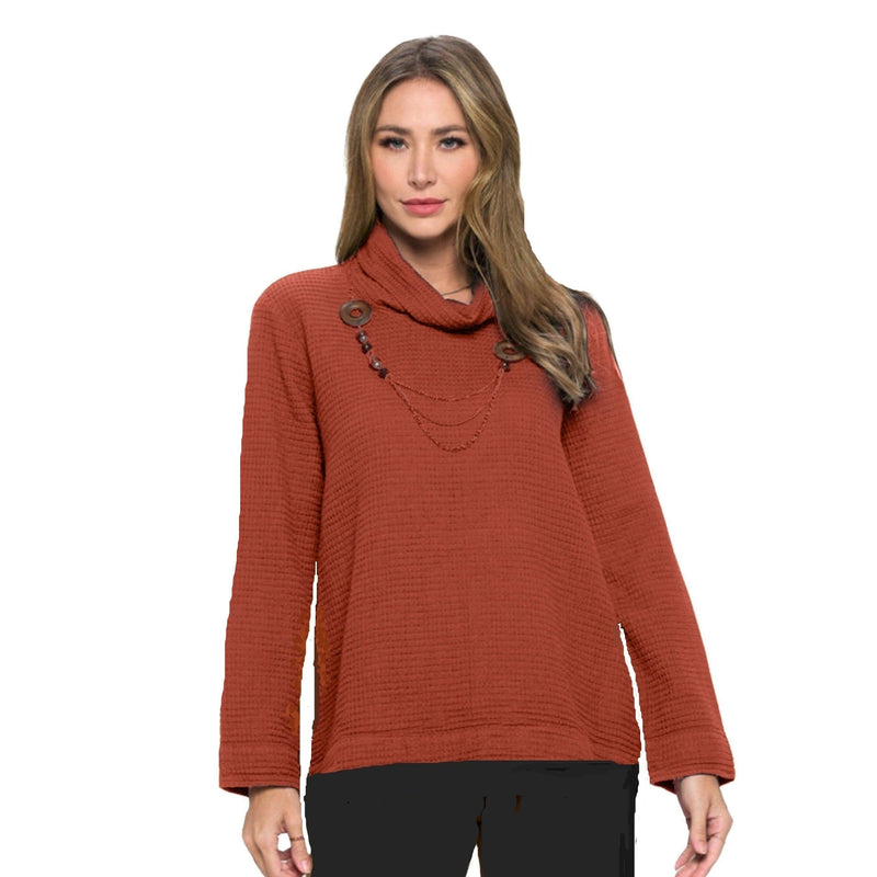 Focus Fashion Cowl-Neck Waffle Pullover in Clay Red - FW139-CLY