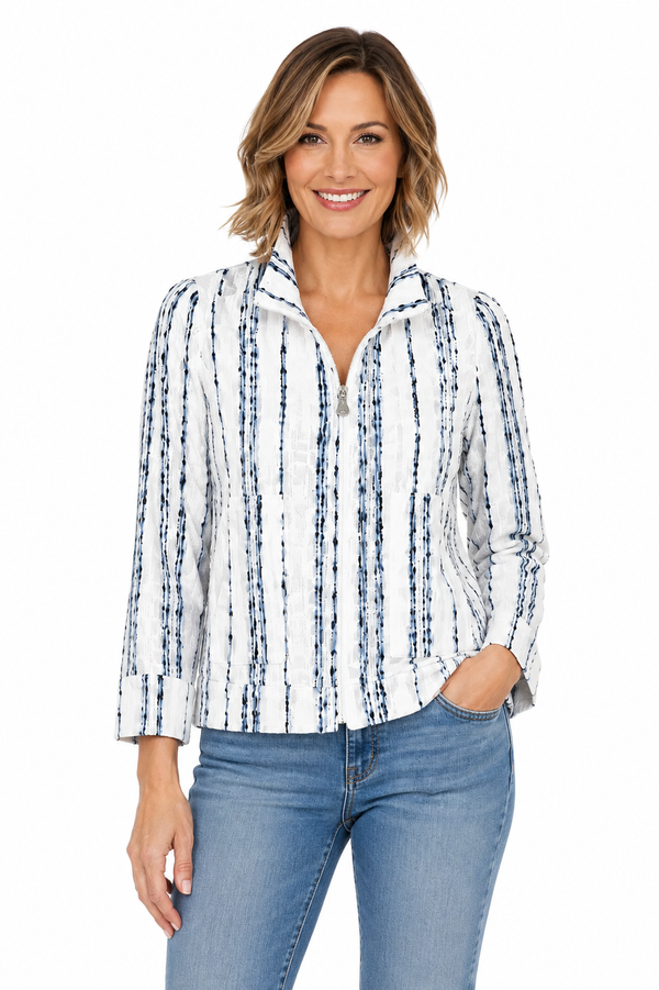 Textured Stripe Cinch-Waist Jacket in Ivory & Blue - 5045