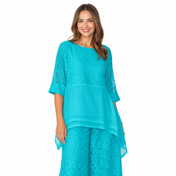 Textured Floral Tunic with Mesh Trim in Turquoise  - 7798T-Turq