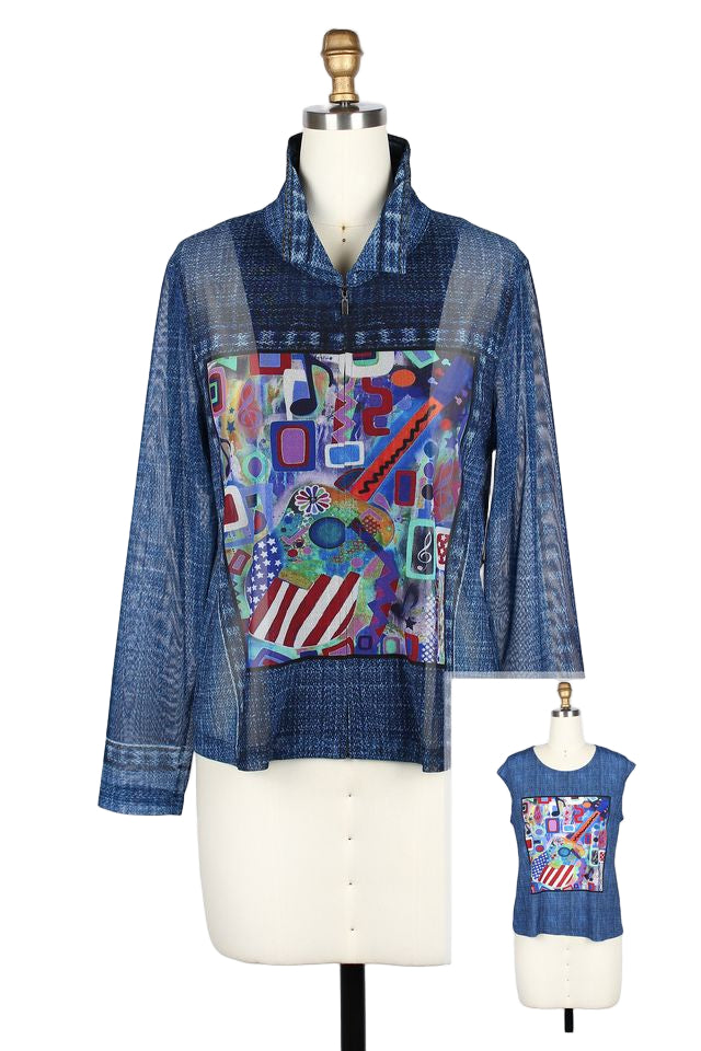 Abstract Art-Print Mesh Jacket With Matching Tank - 31447