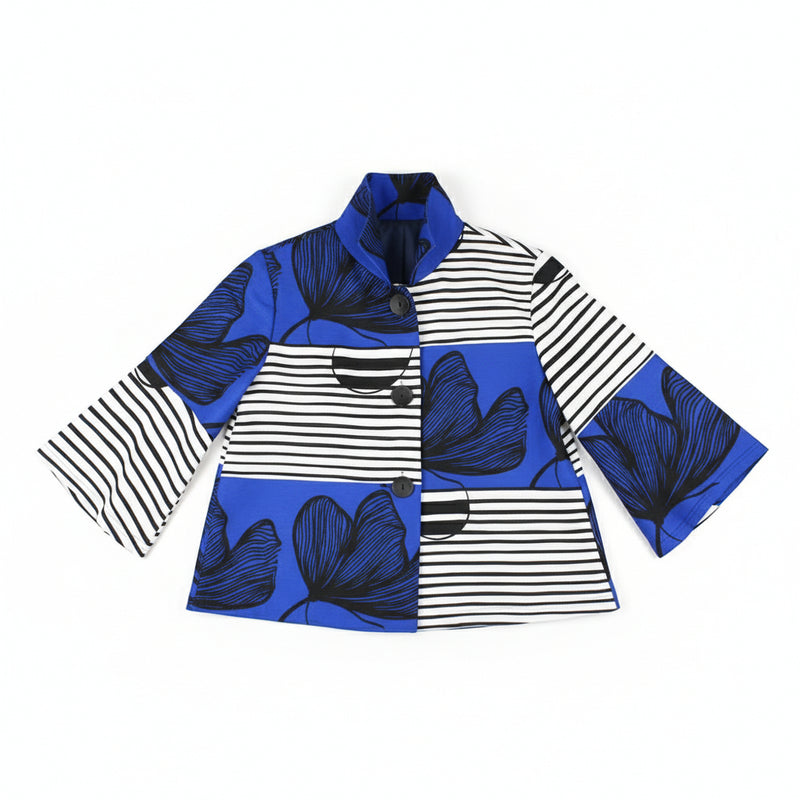 Striped Floral Bell-Sleeve Jacket in Blue, Black & White - 5007-BLU