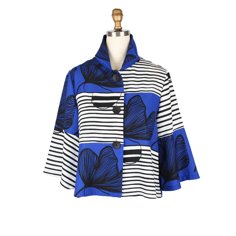 Striped Floral Bell-Sleeve Jacket in Blue, Black & White - 5007-BLU