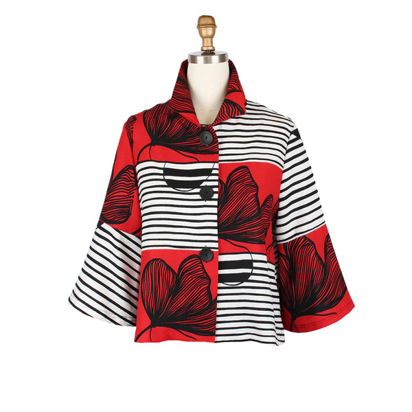 Striped Floral Bell-Sleeve Jacket in Red, Black & White - 5007-RED