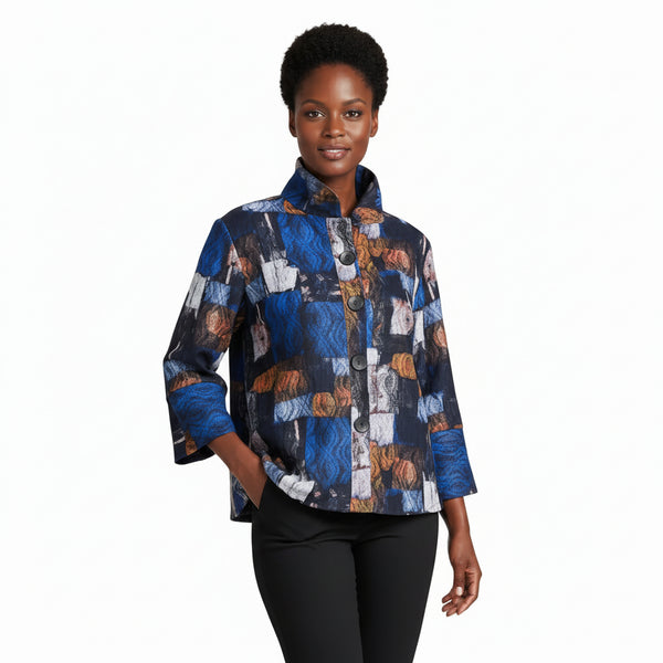 Abstract Knit Print Sweater Jacket in Blue/Multi - 5027-BLU