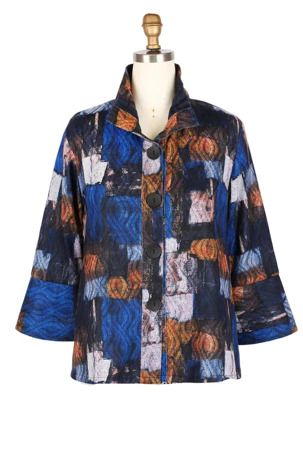 Abstract Knit Print Sweater Jacket in Blue/Multi - 5027-BLU