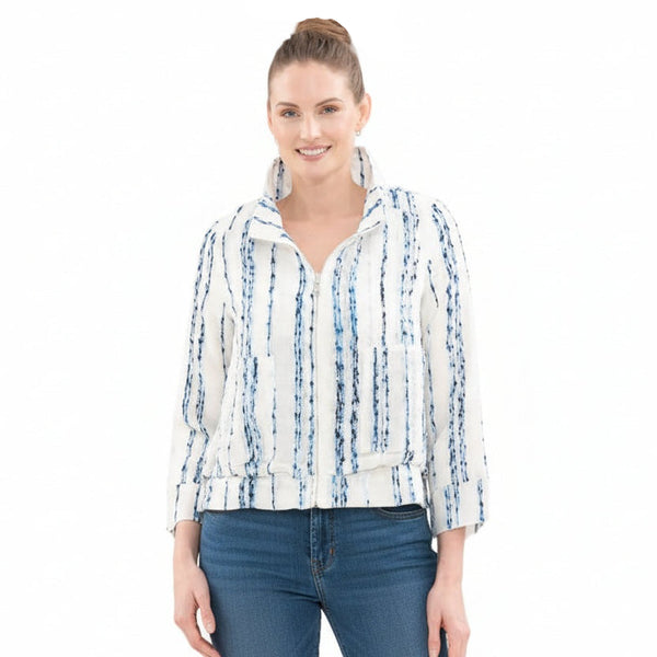 Textured Stripe Cinch-Waist Jacket in Ivory & Blue - 5045