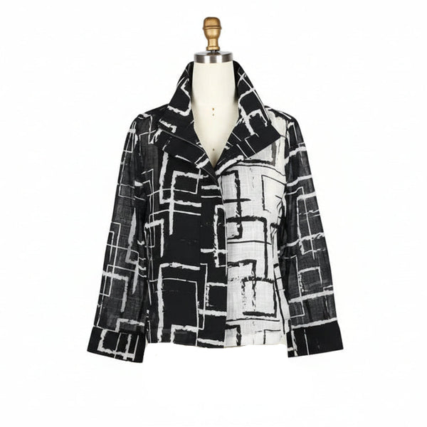 Artful Two-Tone Geometric Zip Front Jacket in Black & White - 5055