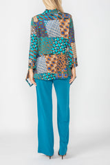 Mosaic Patchwork Asymmetric Jacket in Teal - 5065J-TL