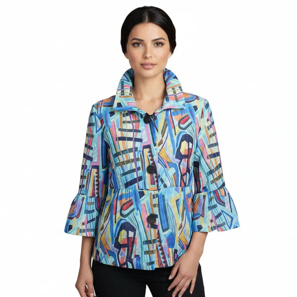 Artful Abstract Print Jacket with Wired Collar - 5091-BLU