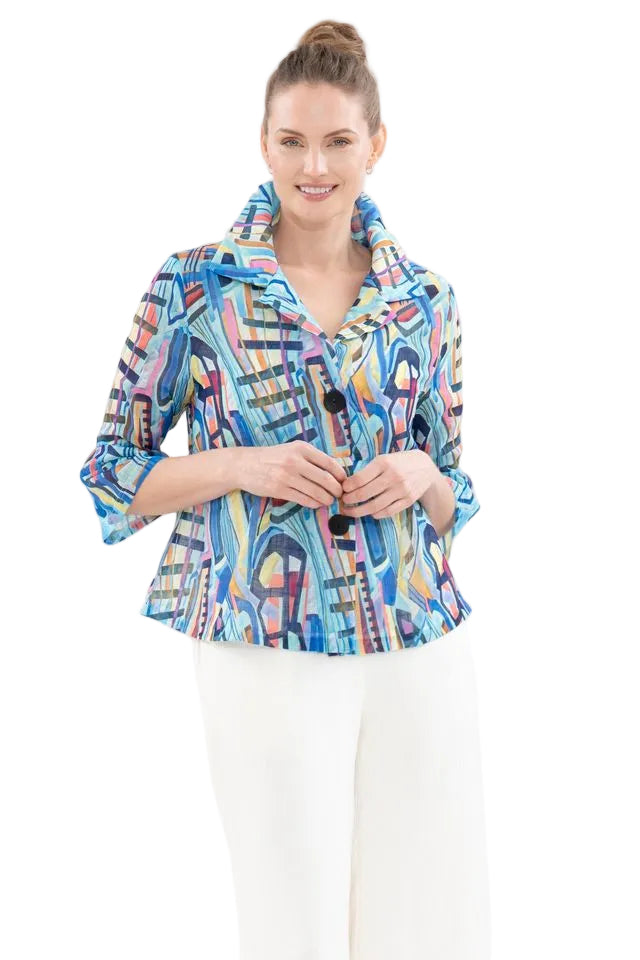 Artful Abstract Print Jacket with Wired Collar - 5091-BLU