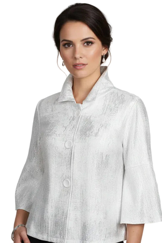 Shimmer Textured Button Front Jacket in Silver/White - 5093