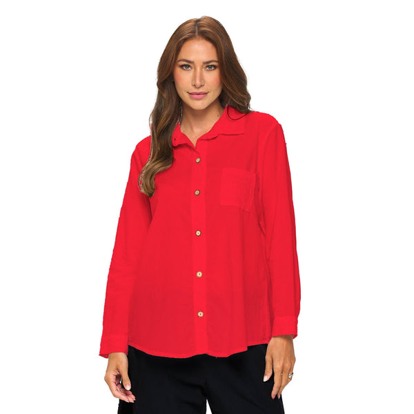 Focus Button Front Voile Shirt in Red - V404-RD