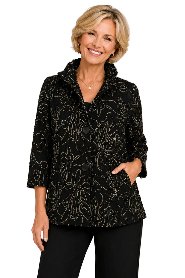 Elegant Embroidered Floral & Sequin Jacket in Black & Gold - 5106-BLK