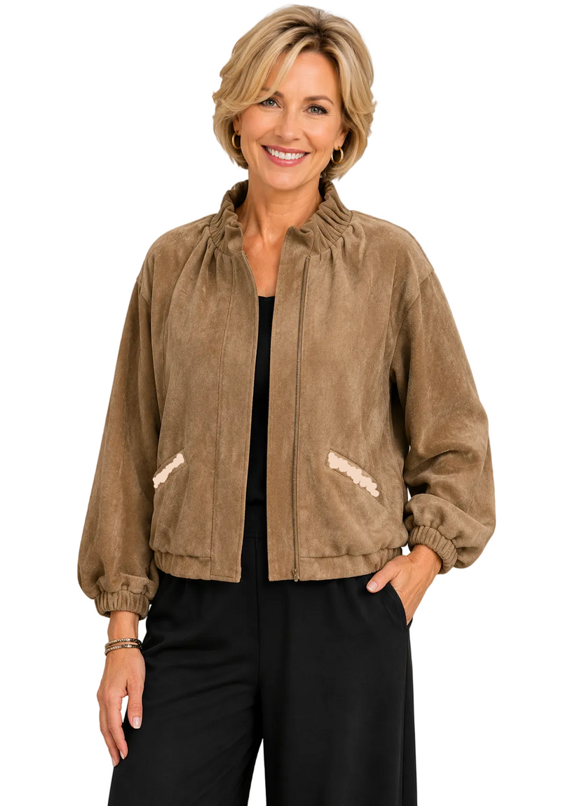 Soft Vegan Suede Zip-Front Jacket in Beige - 5125-BGE