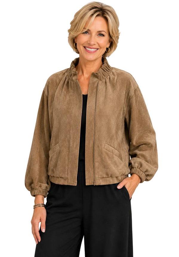 Soft Vegan Suede Zip-Front Jacket in Beige - 5125-BGE