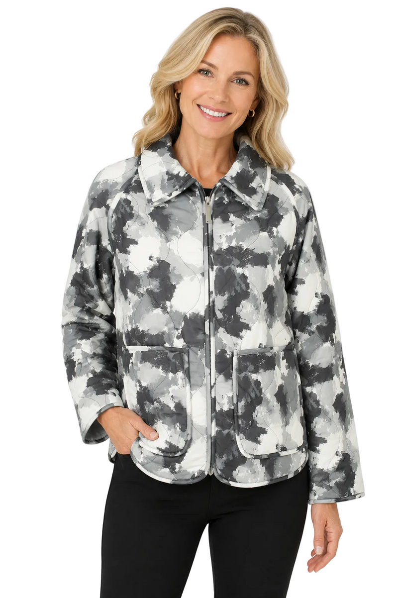 Abstract Print Quilted Jacket In Grey & White - 5150