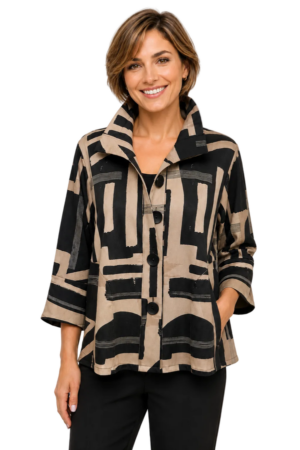 Abstract Print Soft Vegan Suede Jacket - 5185-BGE