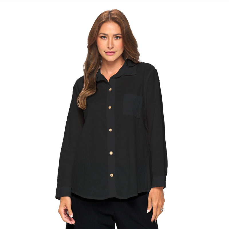 Button Front Lightweight Voile Shirt in Black - V404-BK - Size M Only!