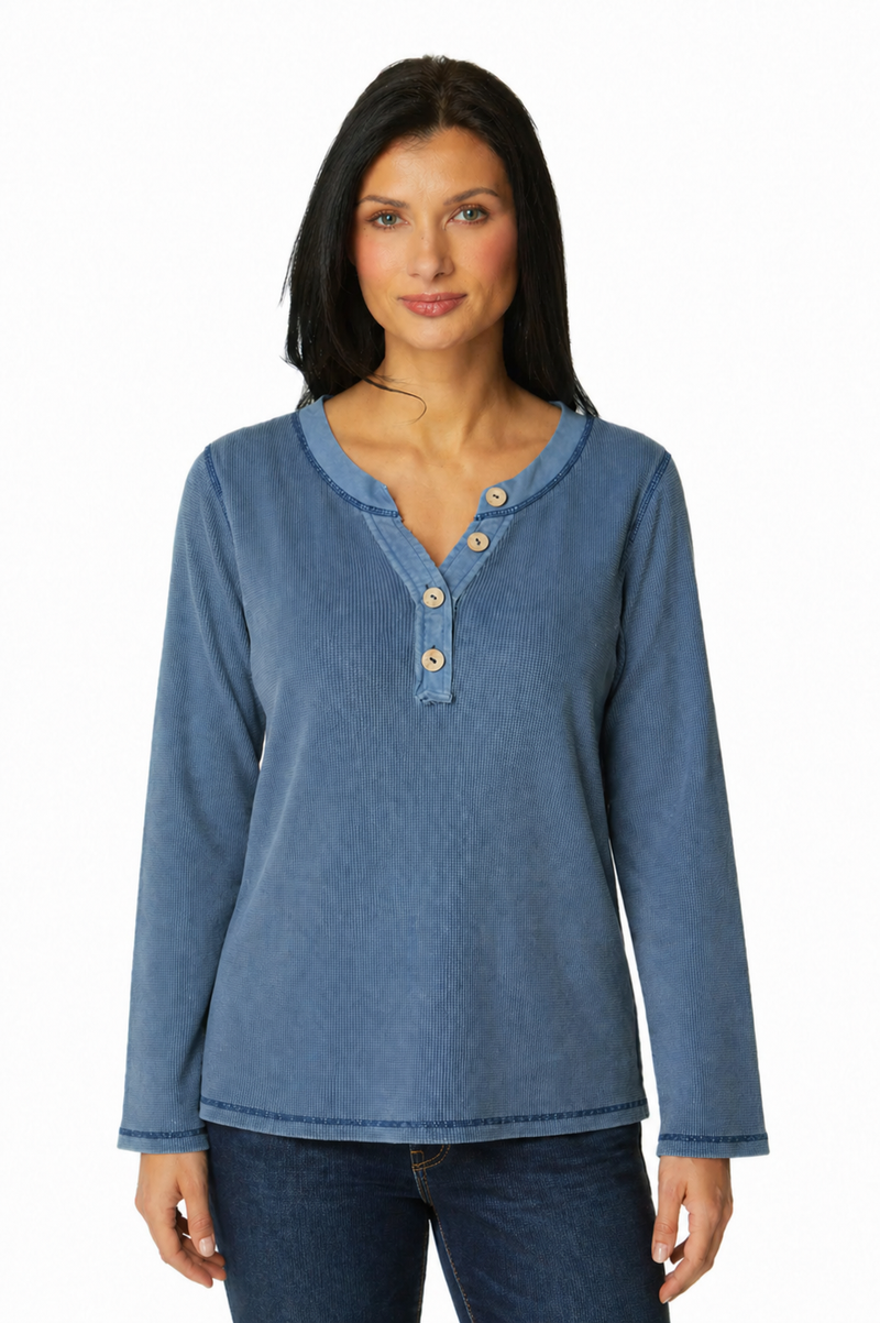 Textured Cotton Henley Top - 26538