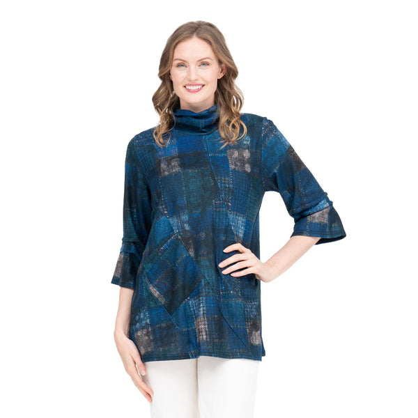 Multi Plaid Sweater Knit Tunic in Blue/Beige - 9217