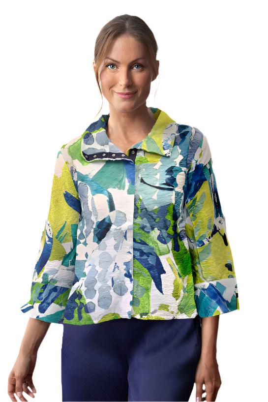 Abstract Painted Print Hi-Low Jacket in Lime Multi - 542338-LME