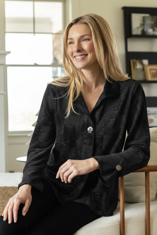 Soft Textured Crushed Velvet Swing Shirt in Black - 54746